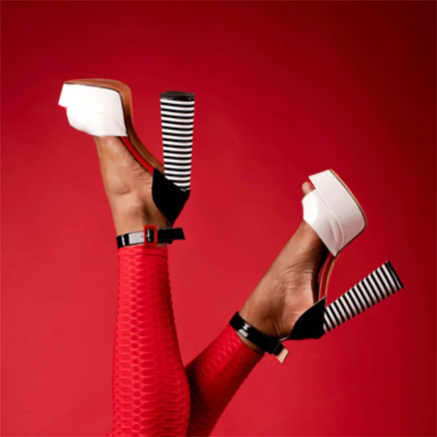 Women High Heels Shoes Sandals Platform Peep Toe Chunky Square Heels Ankle Strap Sandals Black And White Stripes Party Fashion Shoes