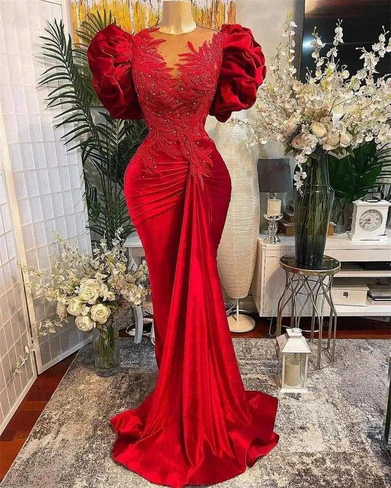 Mother of Bride Luxury Dubai Fashion Plus Size  Red Elegant Mermaid Lace Applique Beaded Mermaid Women's Evening Wedding Prom Party Dress Celebrities Red Carpet Formal Gowns Ladies Luxury Clothing Supplies