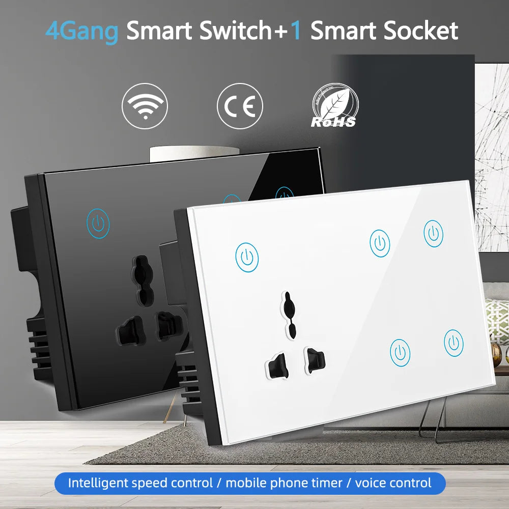 Smart WI-FI 4Gang Black/White Color Socket Touch Switch With 3Pn Electrical Multi Function Wall Mounted with Alexa Voice Google Work Home Lighting Supplies