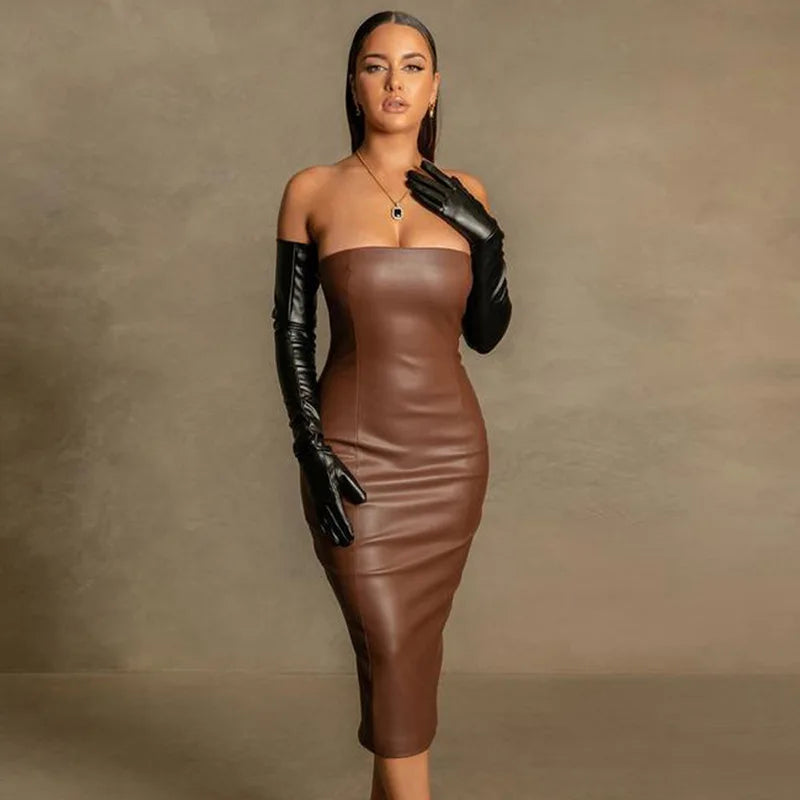 4 Colors New  Fashion Women's Elegant Strapless Zipper Sexy PU Leather Formal Midi Dresses for Ladies Evening Cocktail Party Night Clubwear Leather Gowns Women Sexy Apparel Supplies