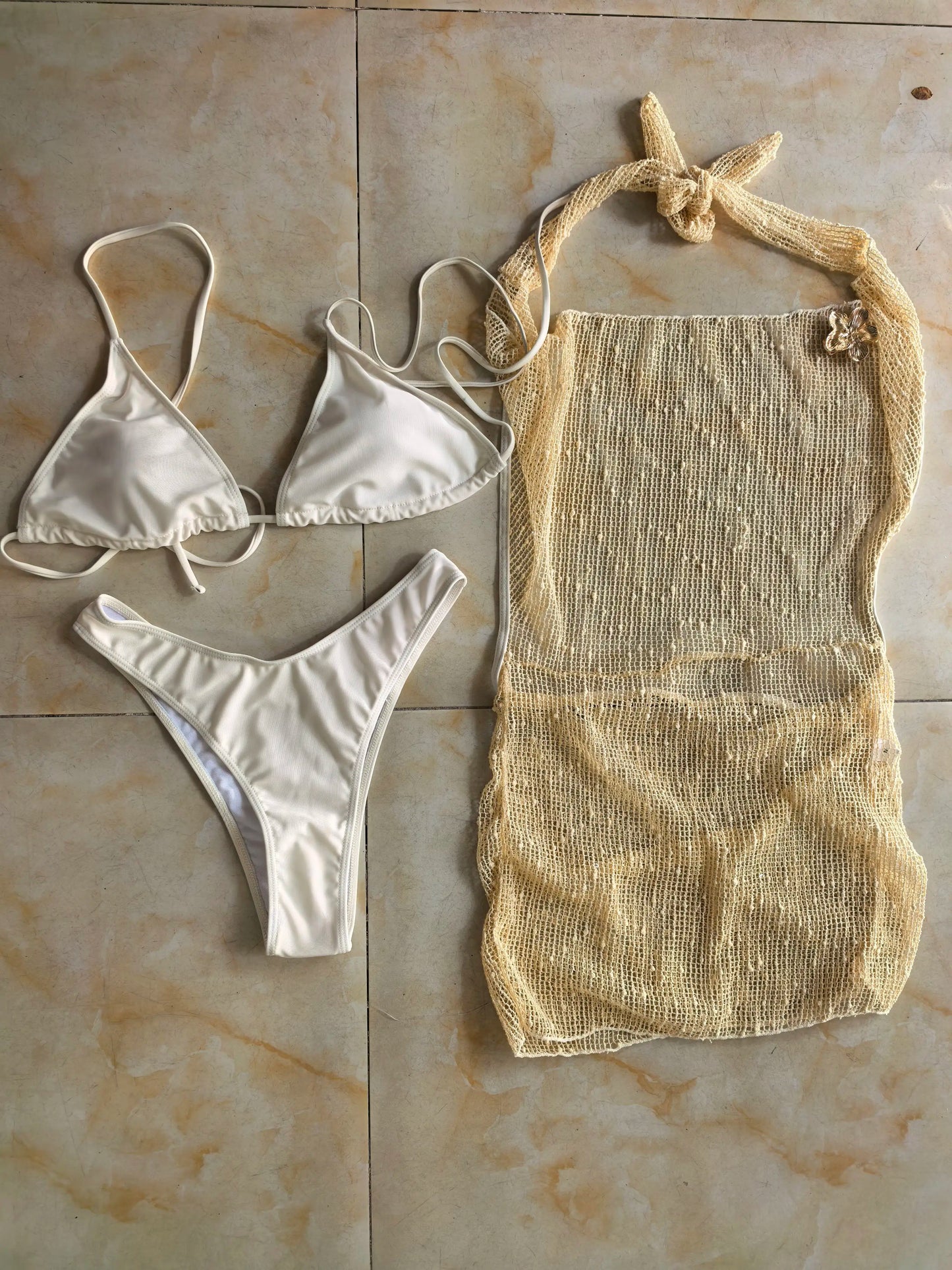 NEW Arrivals 3 PCS Set Beige/Black/White Color Luxury Silk Textured Women's Deep V-NECK Sheer Beach Dress Triangle Top Bikini See Through Cover Up Mini Dress Ladies Bathing Summer Apparel Supplies