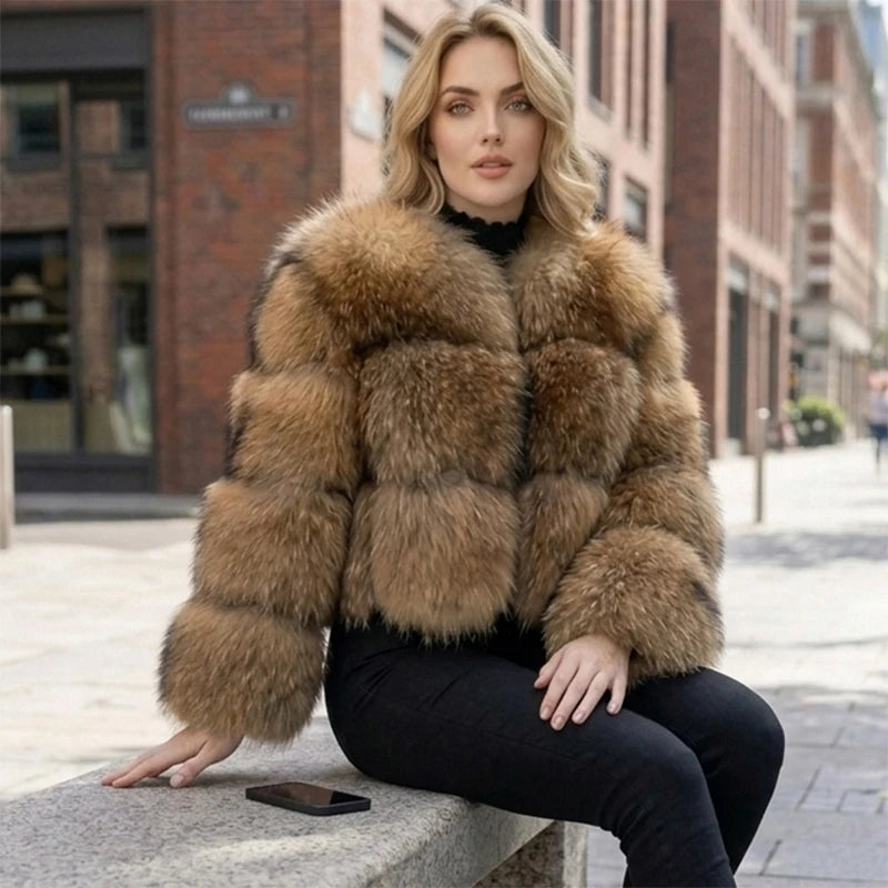 Just Arrived S-3XL Plus Size Super Hot Winter Women Luxury Thick 100% Real Raccoon Fur Coat Natural Fur Jacket Women's Short Jacket Snow Boots Outerwear Jackets Evening Party Night Clubwear Ladies Luxury Apparel Supplies.