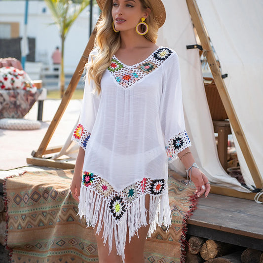 CROCHET BIKINI White Bikini Cover Up With Fringe Trim Women Sexy Hollow Tunic Beach Dress Summer Bathing Suit Beachwear