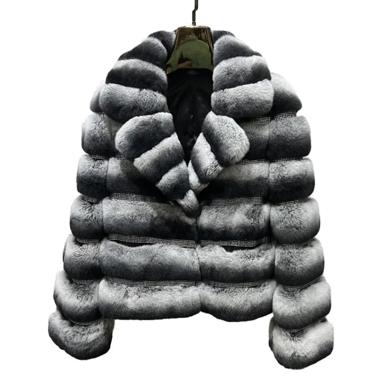 Boutique Gala HOT SALE 4 Colors S-2XL  Luxury Original Chinchilla Fur Coat Winter Real Natural Rex Rabbit Fur Outerwear Authentic Chinchilla Jacket Women Luxury Apparel Supplies.