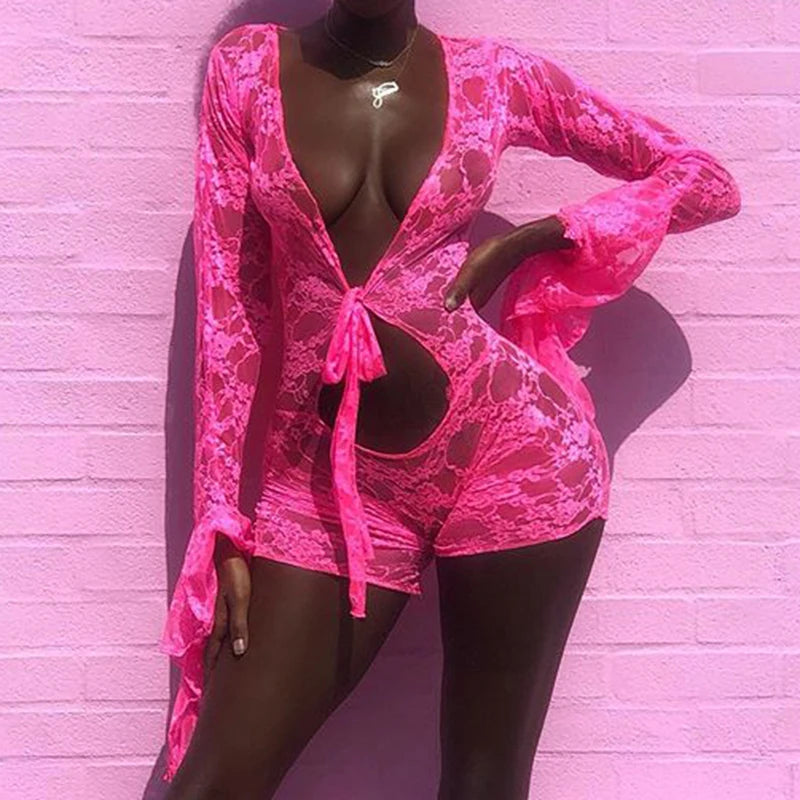White/Black/Pink  Hot Sexy Women Mesh Sheer Hollow Out Rompers Onesies Shorts Pink Deep V-Neck Flare Sleeve Floral Bodycon Playsuit Jumpsuit