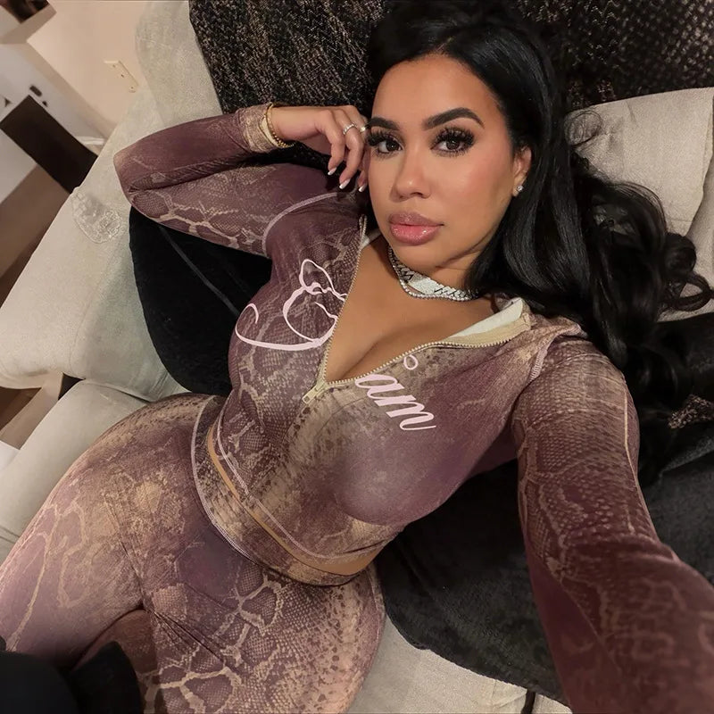 2 PCS Set Autumn Winter New European American Style Women's Sexy Evening Party Night Club Collarless Regular Fit Cardigan Top Midi Snakeskin  Pants & Top Set