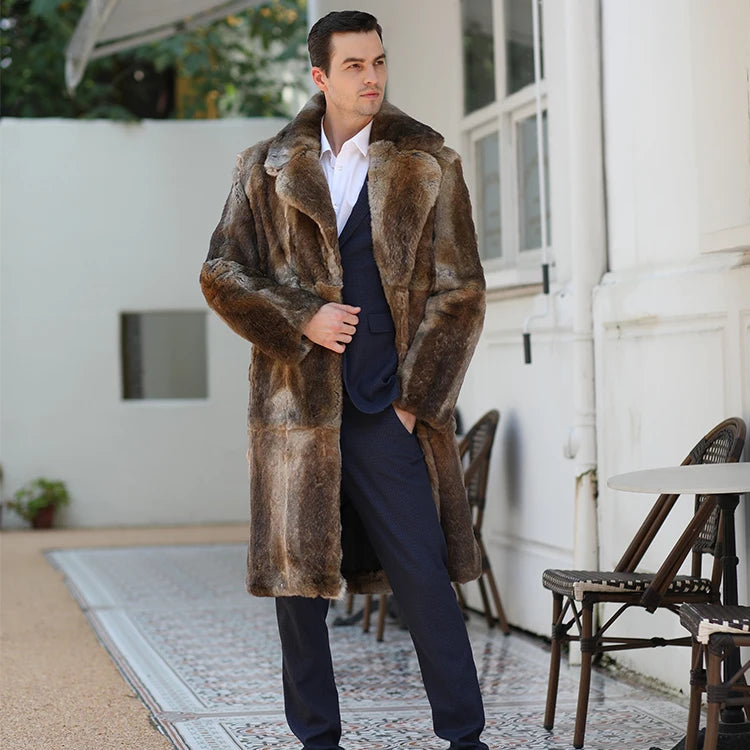 BEST PRICE Gray/Brown Color S-XL  Men's Real Natural Mink Fur Long Coat With Lapel Men's Rabbit Fur Coat Christmas Gift for Husband Lover Boyfriend Gentleman Winter Luxury Apparel Supplies