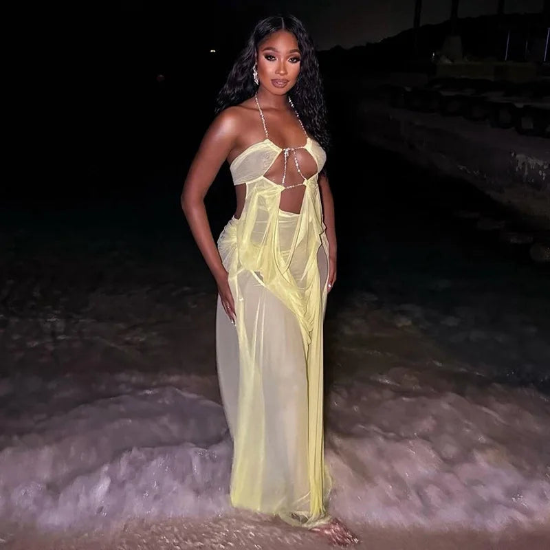 4 Colors New Fashion Summer Women Sexy See Through Clothing Vendor Sleeveless Halter Backless Sexy Maxi Dress Evening Beach Party Mesh See Night Clubwear Prom Maxi Gowns