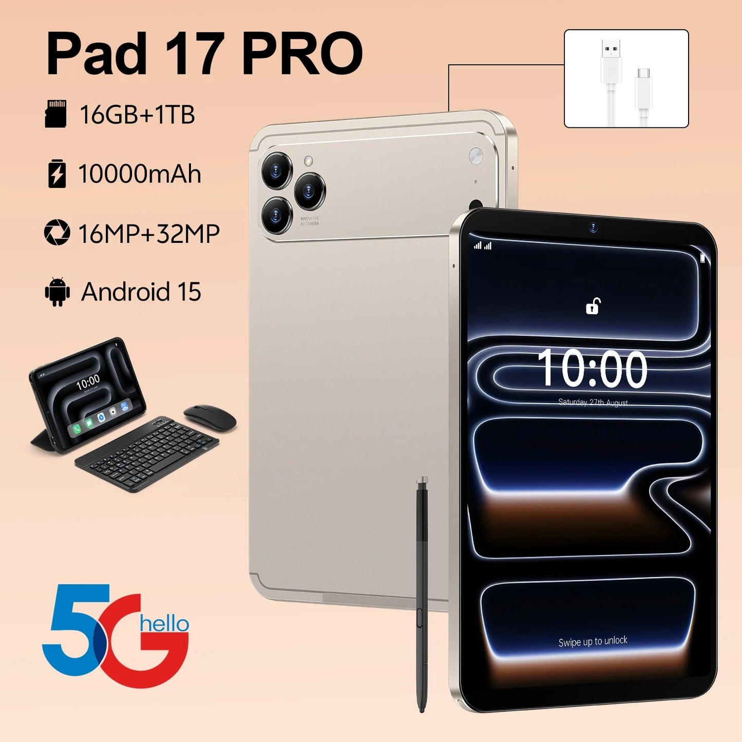 HOT SALE New  Pad 17 PRO Android 15 Wi-Fi  Tablet PC 10.1-inch  HD Capacitive Screen 16MP+32MP Camera 16GB+1TB Storage 4G/5G GSM Wi-Fi MTK Processor Tablet Electronic Supplies