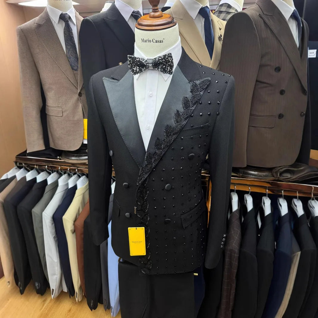 Boutique Gala HOT SALE 2 PCS Set Custom Made Men Slim Fit Double Breasted American Style Luxury Black Tuxedo with Crystal Beading for Wedding Guest Night Dinner Prom Evening Business Party Male Formal Apparel Supplies