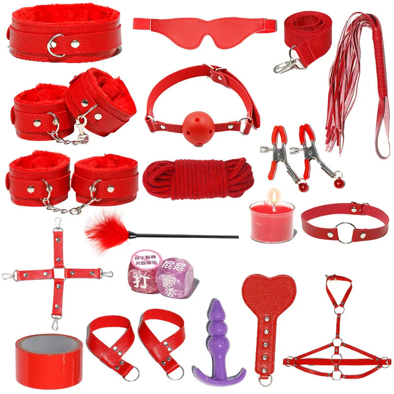 18 PCS Set 4 Colors BDSM  Fetish Sex Party Binding Handcuffs Leather Whip Anal Plug Adult Couples Intercourse Sex Toys Sex Play Tools Set