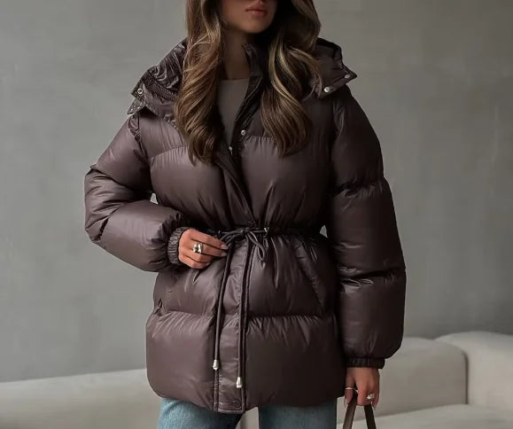 NEW Arrivals 4 Colors Women's Winter Waterproof Parka Mid-Length Soft Drawstring Waist Hooded Puffer Jacket  White Loose Warm Coat Snow Outerwear Jackets Women Winter Apparel Supplies.