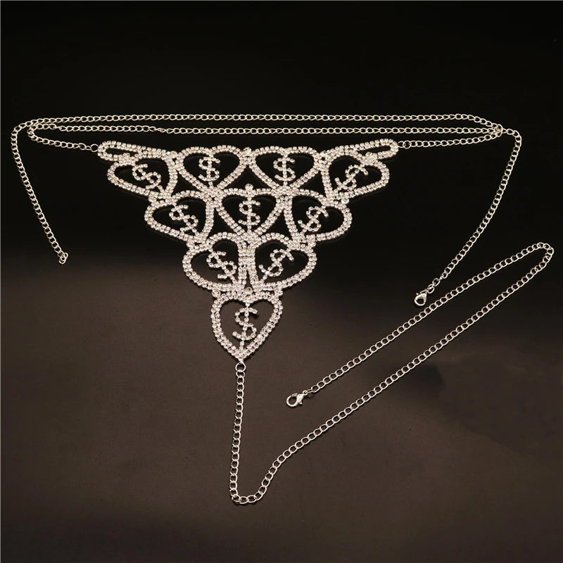 NEW !!!! Bra and Thong for Women Female Panty Set Bikinis Bodysuit Sexy Rhinestone Heart Body Chain Lingerie Set Jewelry