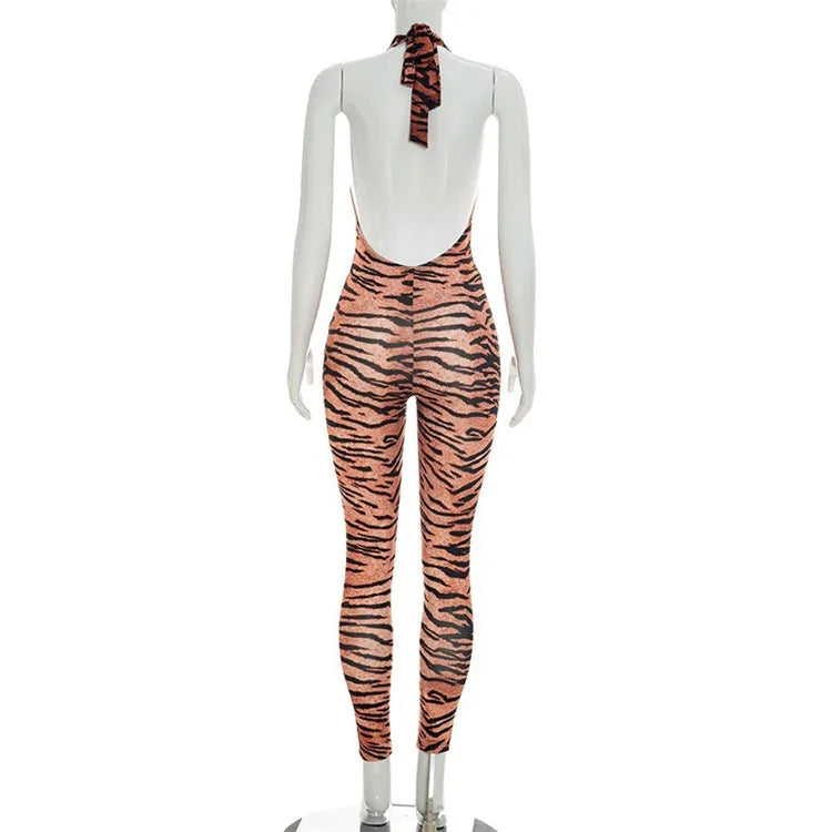 NEW Arrivals Women Halter Deep V-Neck Sleeveless Sexy Trend Tiger Print Skinny Backless Jumpsuit Evening Beach Party Night Clubwear Bodysuit Playsuit Women Sexy Apparel Accessories