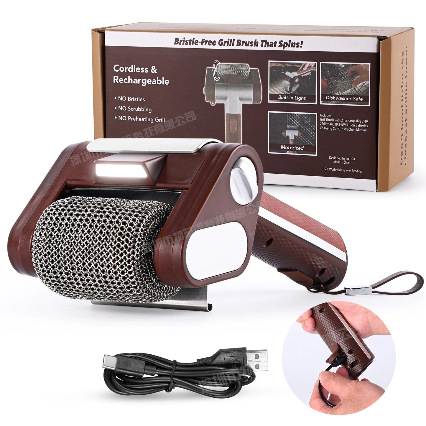 HOT SALE Rechargeable Electric Grill Brush Power Spinning Stainless Steel Bristle BBQ Cleaning Brush Food Grade Plastic Handle Outdoor Camping Barbeque Supplies