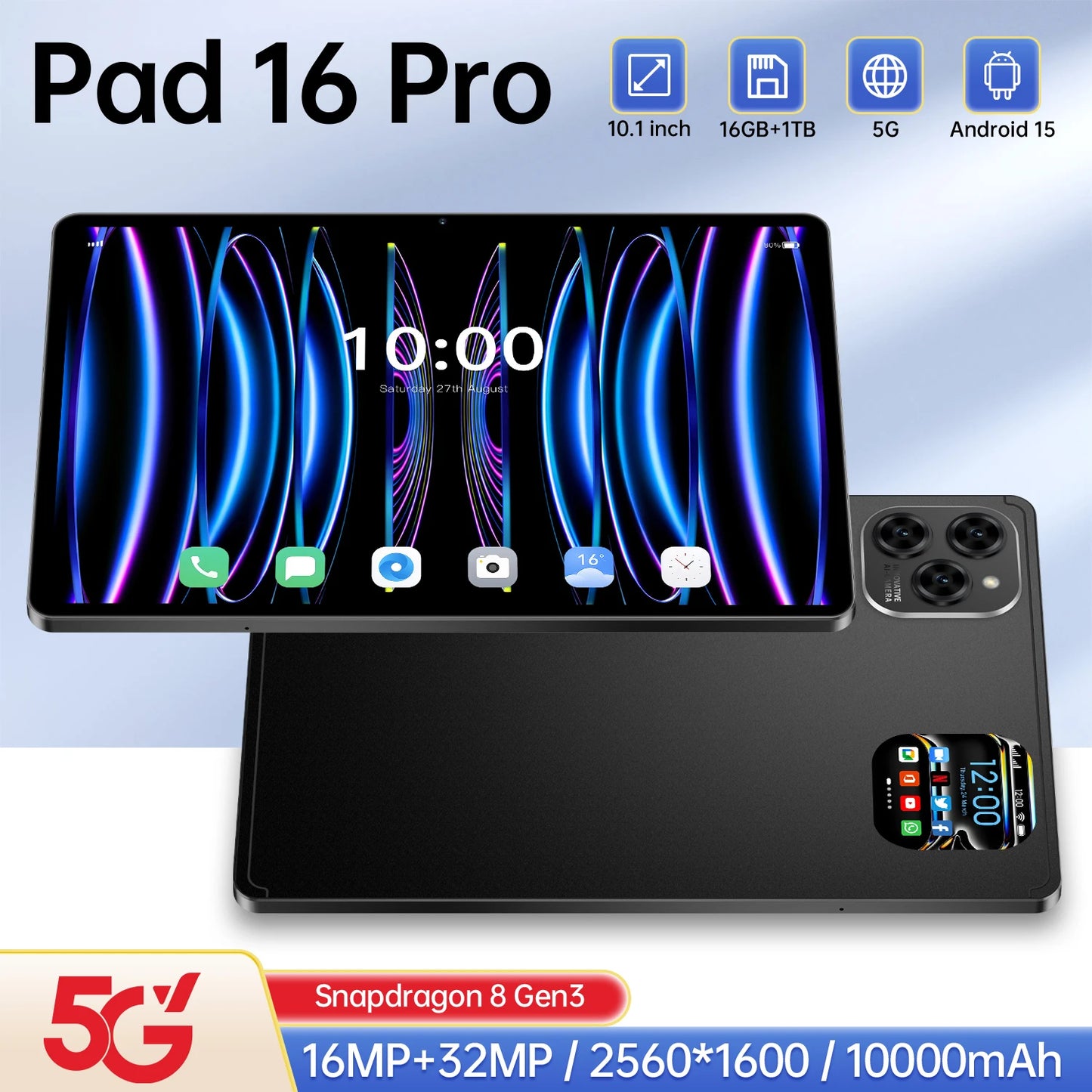 NEW Design Pad 16 PRO 16GB+1TB 5G Smart Tablet 10.1 Inch High Resolution Capacitive Touch Screen 10000mAh Battery