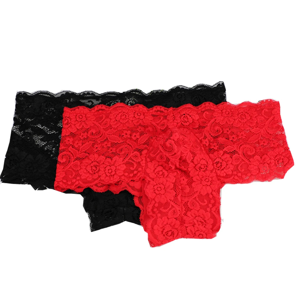 Men Sexy Underwear Lace Flower Small Boxer Shorts Underpants Red Black  M,L,XL