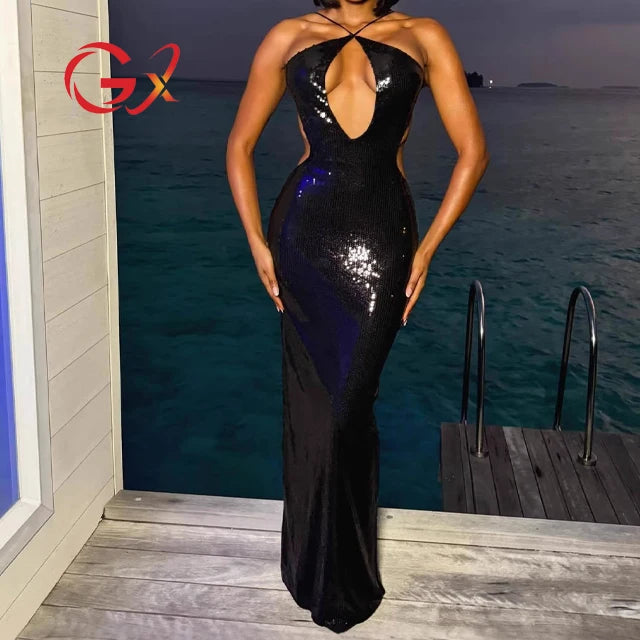 BEST PRICE  Luxury Top Quality Black/Golden Color Boutique Hot Sale Women Sexy Sleeveless Evening Party Wedding Guest Business Night Prom  Halter Sequin Backless Maxi Dresses Formal Gowns