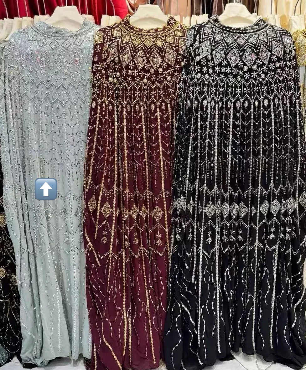 Handmade Luxury Rhinestone Embroidery 7 Colors Abaya Loose Fit Modest Muslim Evening Gown Islamic Women's Clothing for Eid Ramadan Weddings