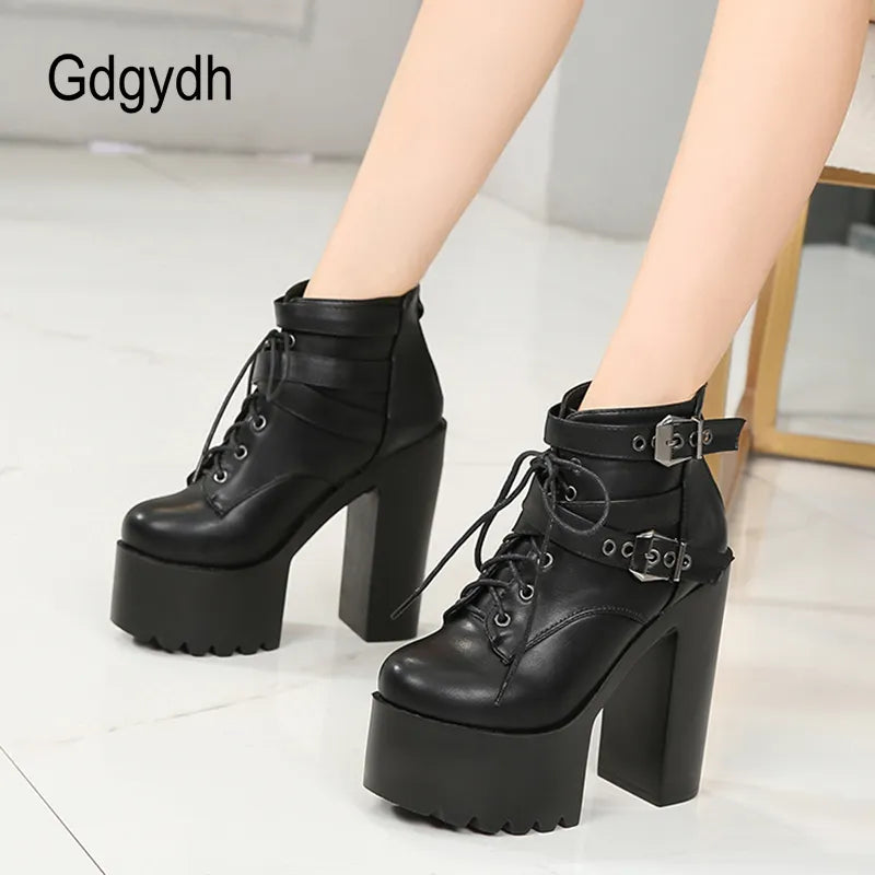 Block Heeled Boots for Women Platform Chunky Moto Boots Crude With High Heel Shoes Nightclub Ankle Buckle Strap Black