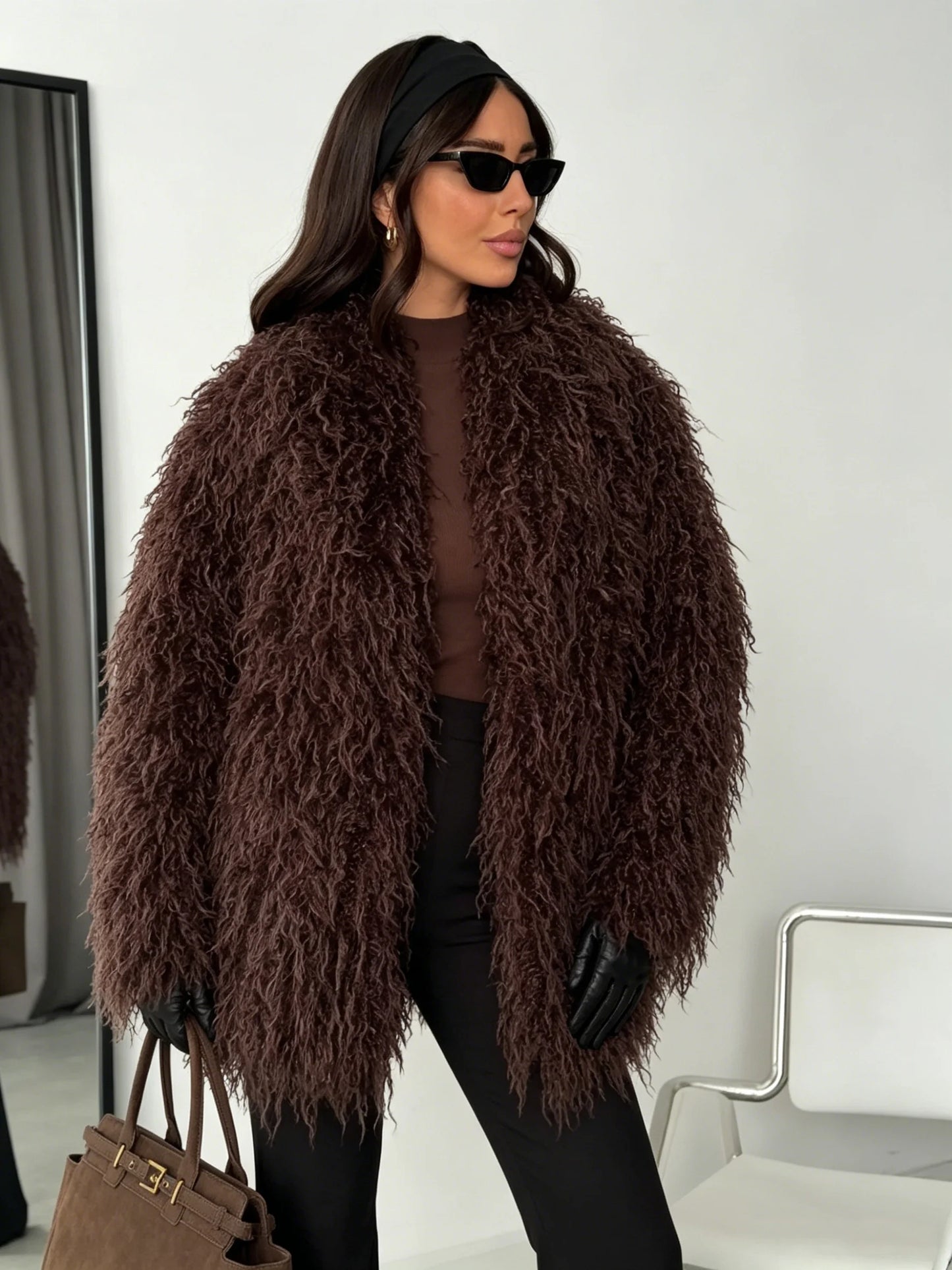 Burgundy/Brown/Khaki Color  Women's Dark Brown Mongolian Lamb Artificial Fur Coat Oversized Shaggy Curly Single Breasted Mid Length Plain Dyed Eco-Friendly Ladies Winter Apparel Supplies