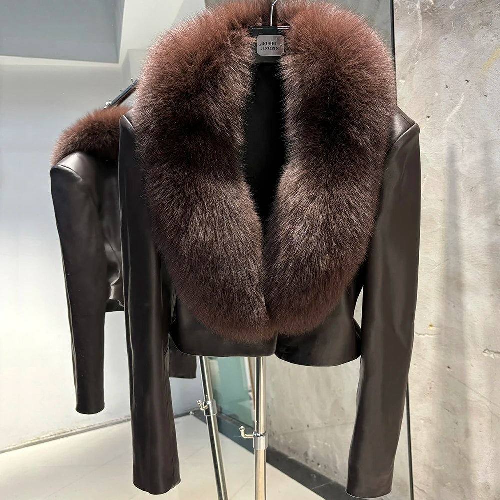 Genuine Sheepskin Real Leather Fox Real Fur Jacket Pure White/Black/Dark Brown/Pink Color Long Sleeve Premium Women Leather Jacket with Natural Fox Fur Collar Autumn Winter Girls Clothes