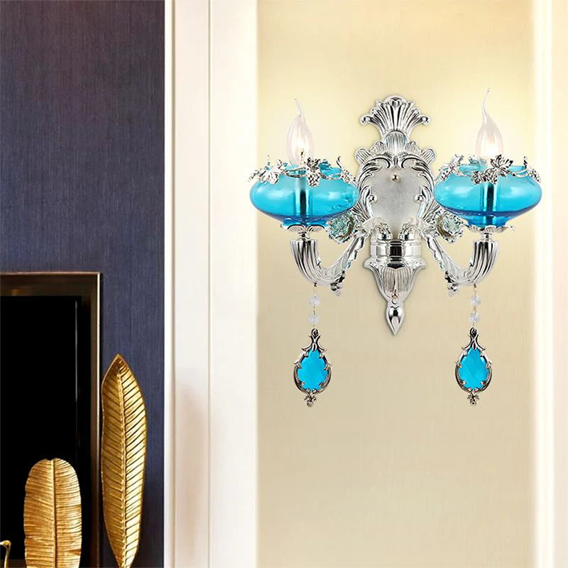 Villa Home Luxury European Blue Crystal Wall Lamp Luxury Living Room Bedroom Bedside Lamp Background Wall Corridor Villa Hotel Lighting.