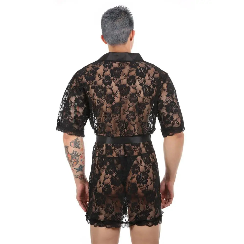 Gay Men Kimono Lace Bathrobe Nightwear Long Robe Sexy Sleepwear Nightgown Loose Bath Gown Erotic Costume with T-back