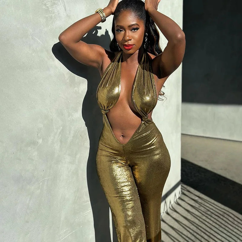 NEW Arrivals Spring Summer Women's Dew Back Hanging Neck Golden Jumpsuit Evening Party Night Clubwear Sexy Bodycon