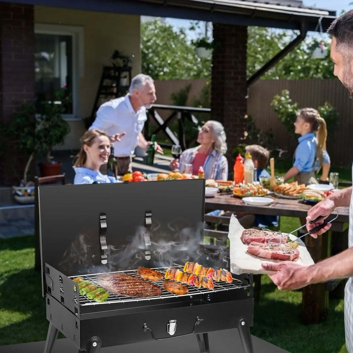 NEW Charcoal BBQ Grill Folding in Bag Outdoor Barbecue Charcoal Grill Portable BBQ Lightweight Smokeless Grill Outdoor Camping Garden Picnics Cooking Supplies