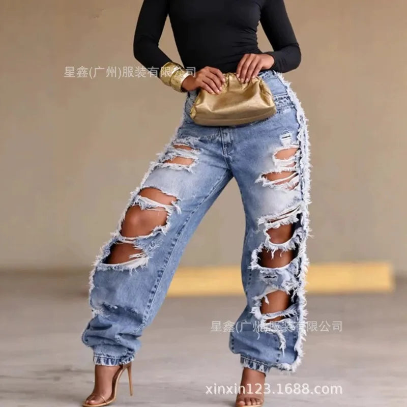 NEW Arrivals S-3XL Deconstructed Destroyed Ripped Cotton Denim Baggy Jeans Women Streetwear Y2K Slimming Elastic Cuff Jogger Trousers Women Casual Clothing Supplies