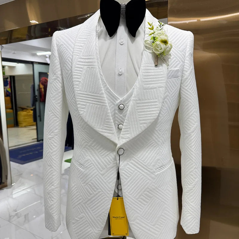 Boutique HOT SALE  3 PCS Set Xs-3XL Plus Size Men's Luxury White Wedding Casual Host Suit Pants + Vest + Jacket Evening Business Party Style Breathable Costume Male Luxury Apparel Supplies