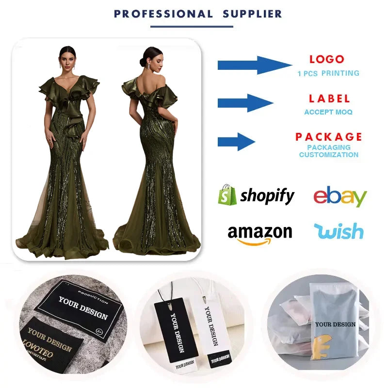 Mother of  Bride Luxury Gowns 3 Colors for Women Evening Wedding Guest Party Dresses Elegant Ruffle Sleeve Sequin Backless Formal Dress Mermaid Gowns Ladies Formal Apparel Supplies