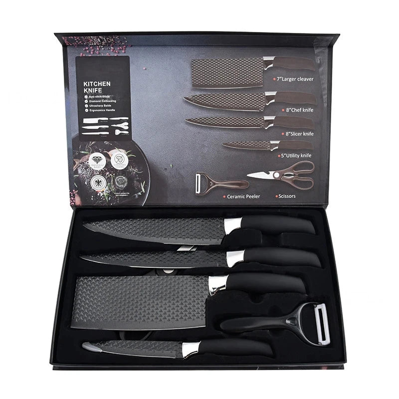 Top Quality NEW 6 PCS Japanese Set Stainless Steel Kitchen Knife Accessories Set Household Meat Cleaver Knife Gift Box Set Kitchenware Supplies for Outdoor Barbeque Camping