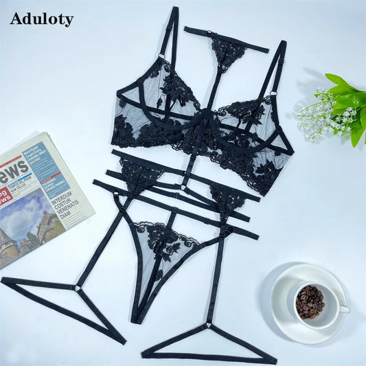Sexy Lingerie Thin Lace Embroidered Underwire Bra Hanging Neck Women's Erotic Underwear Garter Belt Thong 4-Piece Set