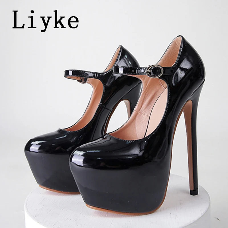 Spring Autumn Women Platform Pumps Black Round Toe Buckle Strap 17CM Super High Heels Pole Dance Shoes Stiletto Mujer