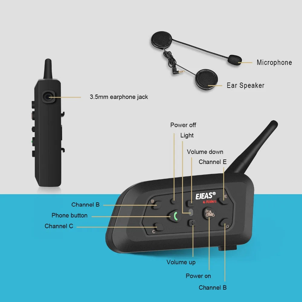 V6 PRO Bluetooth Motorcycle Helmet Intercom Headset with 1200M BT Interphone Communicator for 6 Riders Waterproof