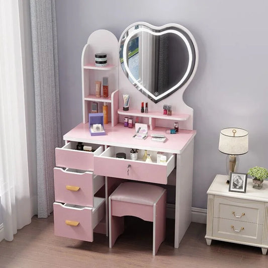 White/Brown/Pink Color Modern Vintage Top Quality OAK Wood Vanity Women's Make-Up Table Cosmetics Storage with LED Lighted Mirror Bedroom Set Home Beauty Salon Furniture Supplies