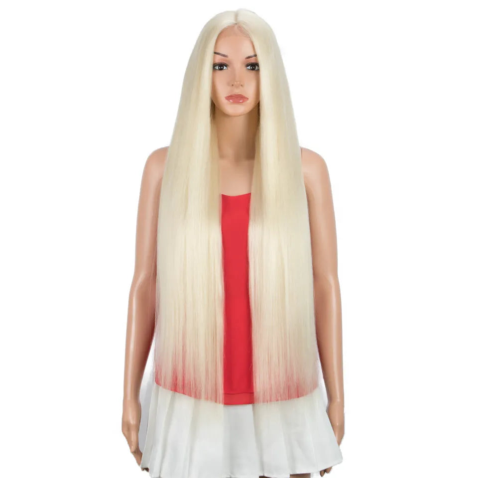 FASHION IDOL Cosplay Wigs For Women Long Straight Hair Synthetic Wig 38 Inch Ombre Blonde BIO Hair Lace Wig