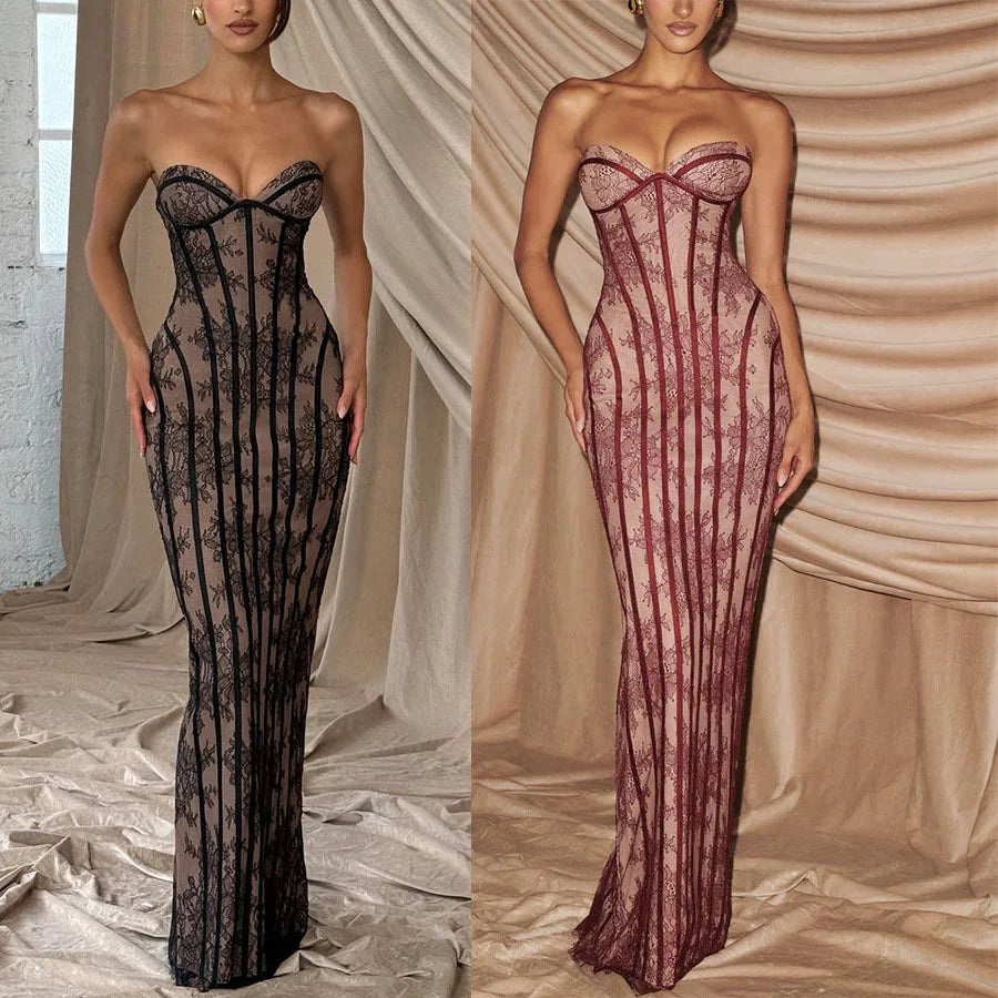HOT SALE Cashmere Women's  Slim-Fit Lace-Up Off-the-Shoulder Illusion Floor-Length Wedding Guest Evening Prom Party Dress Bodycon Silhouette Celebrities Formal Gowns Ladies Luxury Apparel Supplies