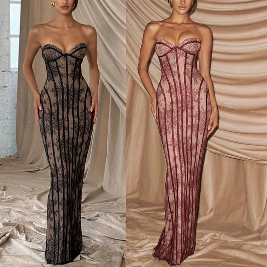 HOT SALE Cashmere Women's  Slim-Fit Lace-Up Off-the-Shoulder Illusion Floor-Length Wedding Guest Evening Prom Party Dress Bodycon Silhouette Celebrities Formal Gowns Ladies Luxury Apparel Supplies