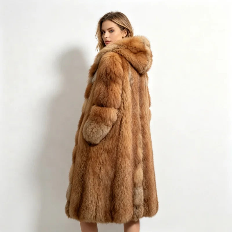 S-5XL Plus Size 4 Colors Premium Ladies Winter Luxury Hooded Artificial Fox Fur Coat Long Thick Warm Fluffy Fur Overcoat Women's Fashion Winter Outerwear Windproof Jacket Faux Fur Coats