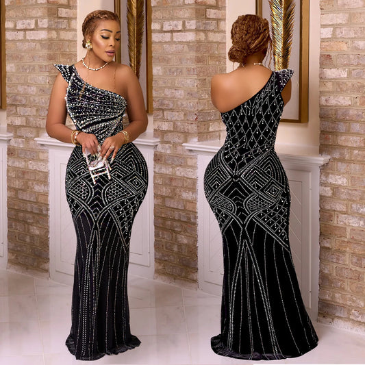 NEW Embellished Sleeveless One Shoulder Dress Straight Ball Gown Elegant Party Maxi Dresses Dresses Women Lady Elegant Gown