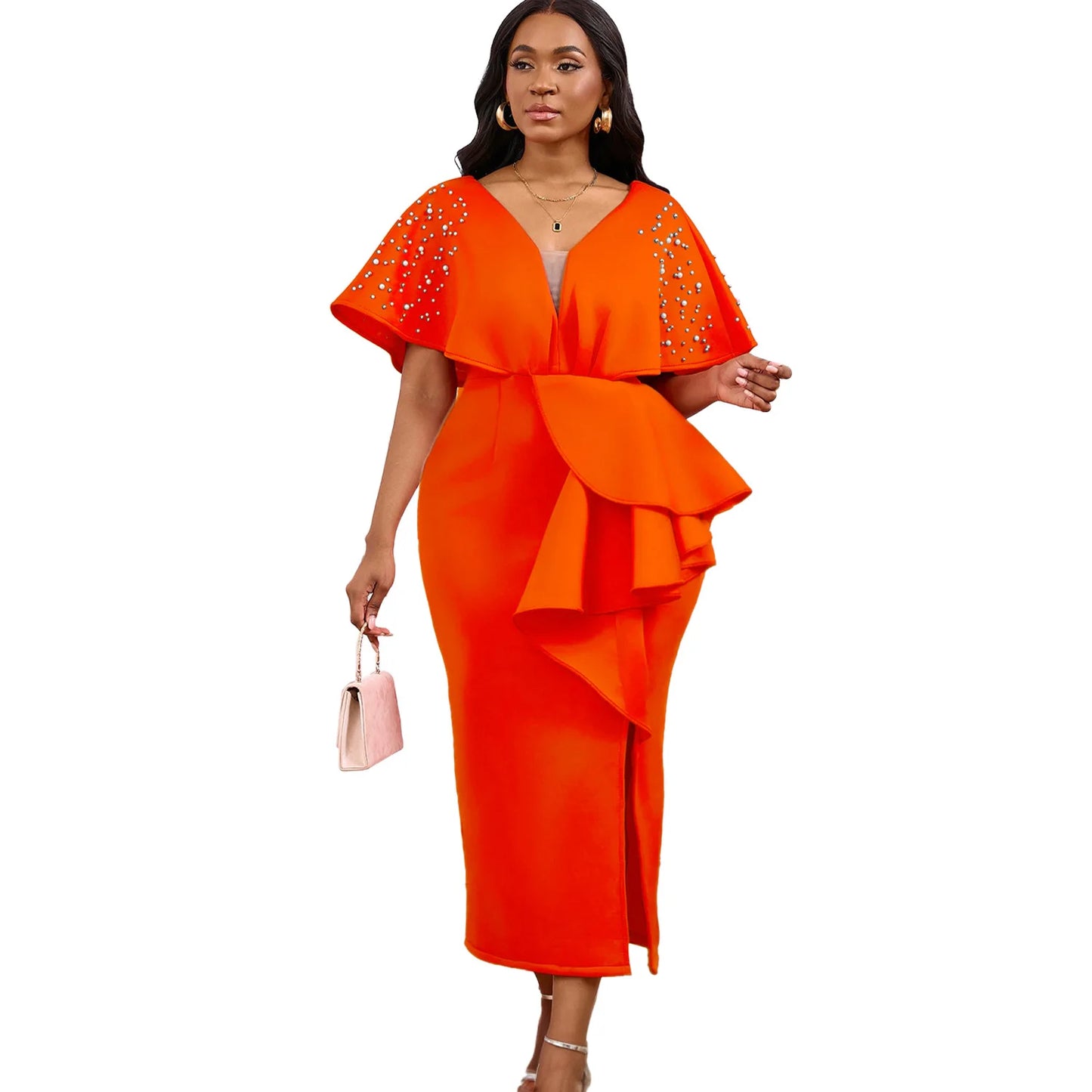 S-3XL Plus Size Women's Latest Design Spring Autumn Summer Sexy Fashion Evening Party Dress Women Sexy V-Neck Ruffle Split Beaded Elegant Evening Dresses Ladies Clothing Supplies