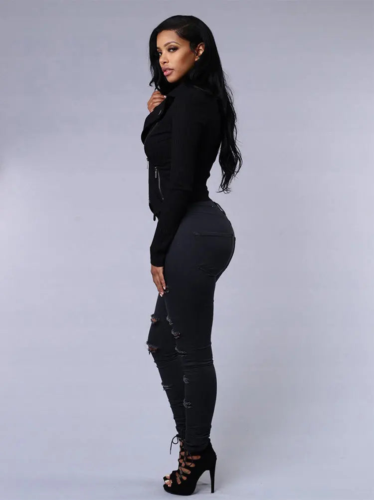 Hot Sale S-2XL Plus Size Black and White Color Ripped jeans for Women Sexy Skinny Denim Jeans Fashion Streetwear Casual Pencil Pants Girls  Spring and Summer Clothing