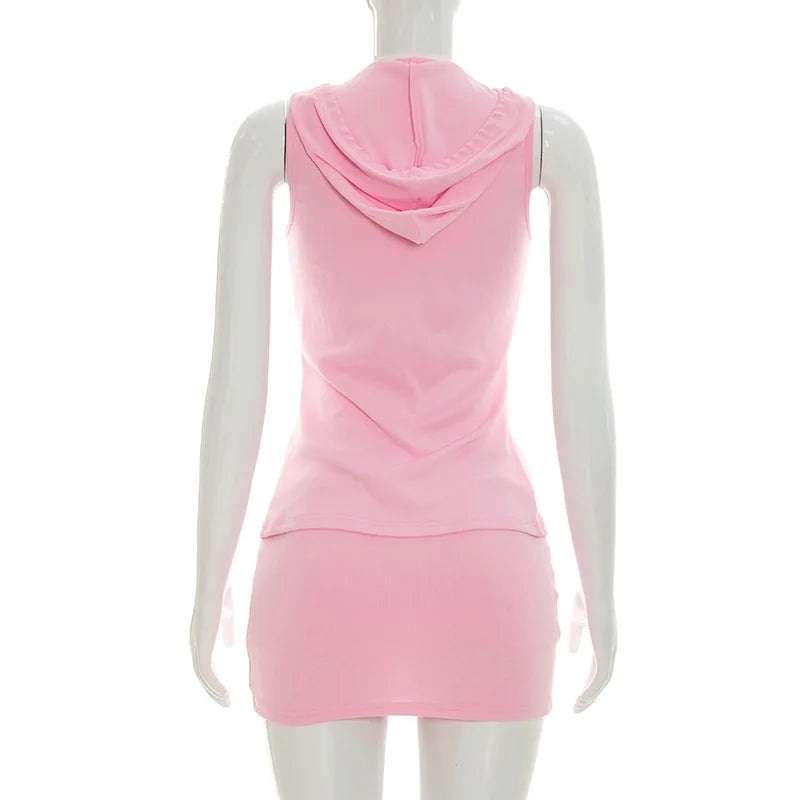 NEW Arrivals 2 PCS Set White/Black/Pink Color Sexy Hot Women's Spring Autumn Summer Hooded Top Sleeveless Zip-Front Slit Splicing Maxi Top with Skirt Suit Streetwear Night Clubwear Evening Party Suit