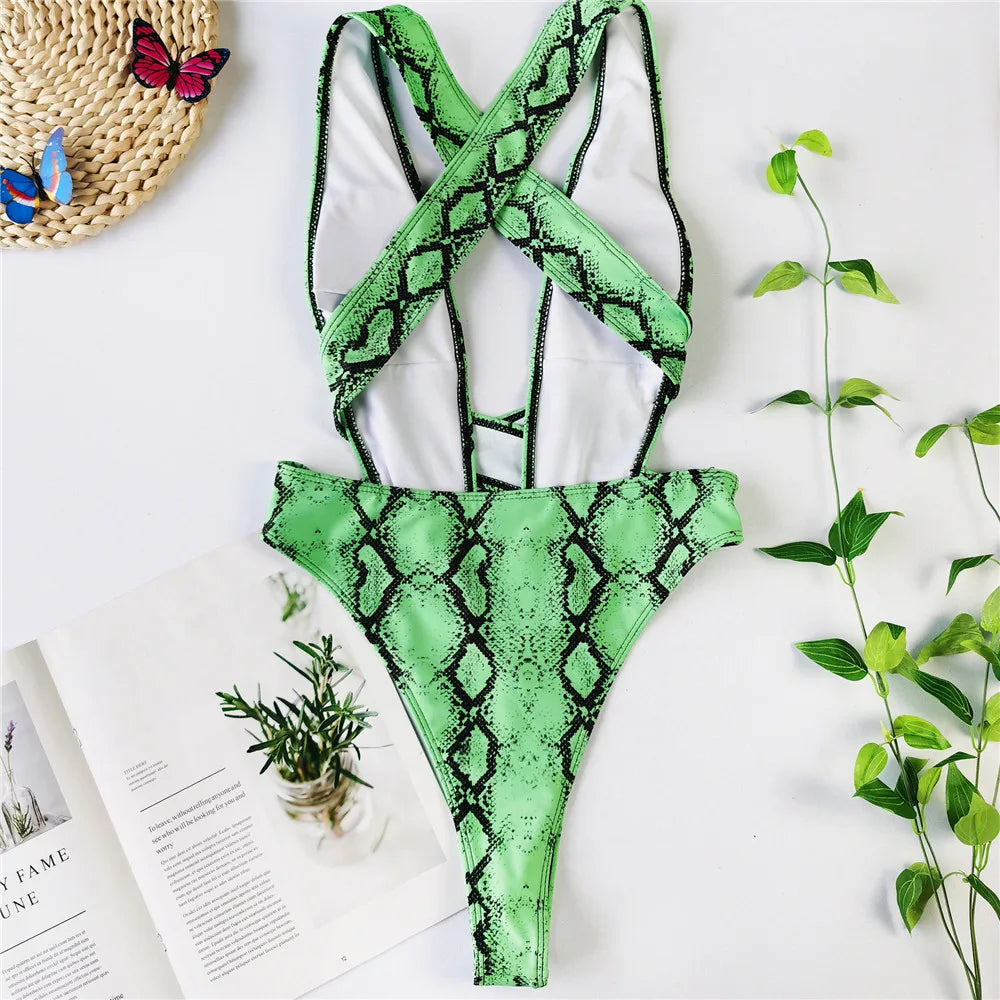 Sexy  Snake Swimwear Women Vintage One Piece Swimsuit Female  Backless Monokini Hollow Bathing Suit Swim Wear