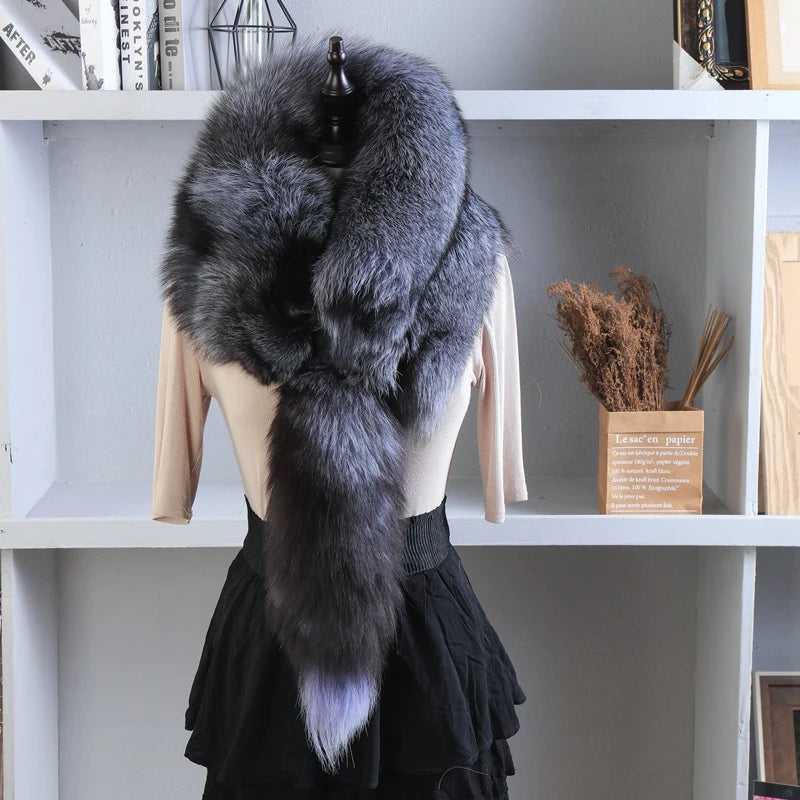120cm Long 5 Colors New Luxury Brand Genuine Real Silver Red Fox Fur Scarf High Quality Soft Fluffy Winter Shawl with Luxury Fur Collar Wedding Guest Evening Business Party Prom Women and Men Luxury Apparel Accessories
