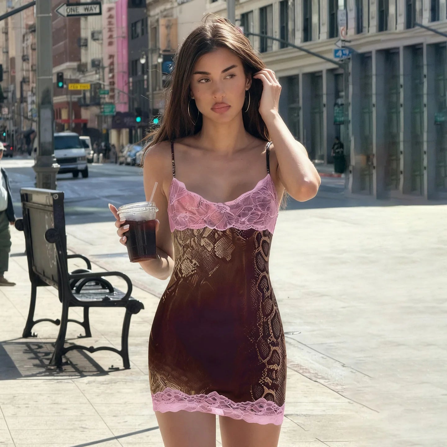 Snakeskin  Print Lace Trim Elastic Hip Wrap Adjustable Shoulder Straps Mini Dress Sexy Street Date Dress