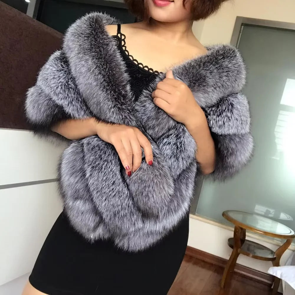 Silver Fox/Gray/White Color New Fashion Lady Luxury Natural Silver Fox Fur Wraps Warmer Genuine Fox Fur Neck Natural Real Fur Coat Women Luxury Apparel Accessories